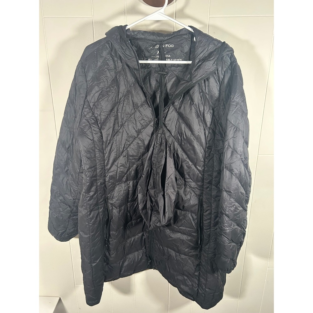 London Fog Black Packable Down Puffer Jacket XXL Lightweight Hooded Quilted Coat